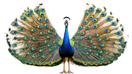 A stunning peacock with its vibrant, iridescent tail feathers fully spread out, showcasing a beautiful array of blue, green, and gold hues, isolated on a transparent background.