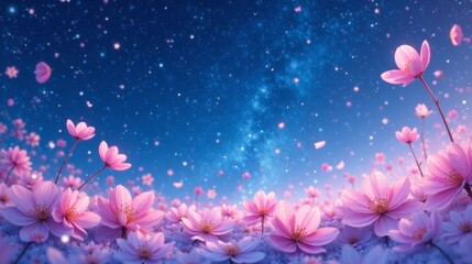 A Field of Delicate Pink Blossoms Under a Starry Night Sky, Petals Gently Falling