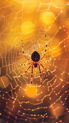A spider weaving its web in the center of an orange and yellow background
