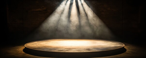 A dimly lit stage illuminated by beams of light, creating a dramatic atmosphere ready for a performance or presentation.