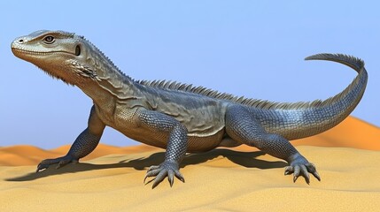 Obraz premium A large lizard navigates a sandy desert landscape under a clear blue sky.