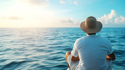 Fototapeta premium A man in a straw hat sits on the edge of a dock, gazing at the endless ocean. A perfect image for travel, relaxation, and self-reflection themes. Selective focus