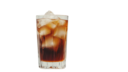 Cold brew coffee in a tall glass with ice cubes, modern coffee culture concept, isolated on a white background 