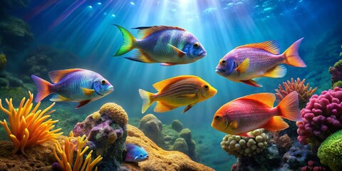 Vibrant Underwater Scene with Colorful Fish in Coral Reef