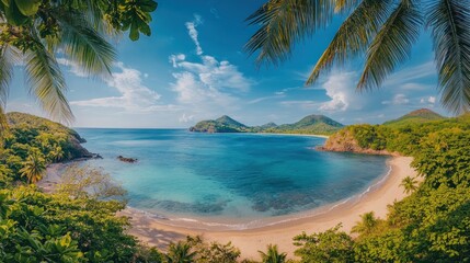 Panoramic view of a tropical island with sandy beach and lush green vegetation under a blue sky with clouds