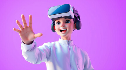 Concept 3D young with adorable features, wearing a white outfit and futuristic VR headset  Futuristic sci-fi style