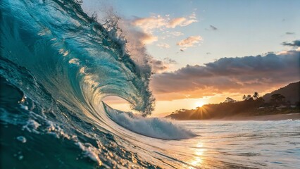 Ocean wave at sunset curling water dynamic splash