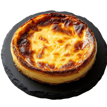 Top view of a delicious looking tarta de queso on a dark stone plate isolated on a white transparent background