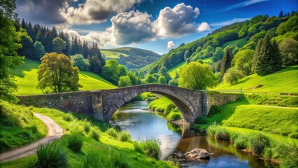 Fototapeta premium Old stone bridge with lush greenery and blue sky in a serene valley landscape, natural beauty, countryside scene