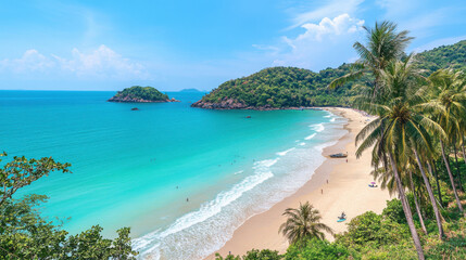 Fototapeta premium A vibrant summer beach with coconut palm trees lining the shore