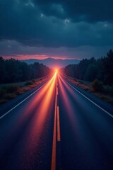Fototapeta premium Long asphalt highway stretches into dark night , vehicle, abstract, travel