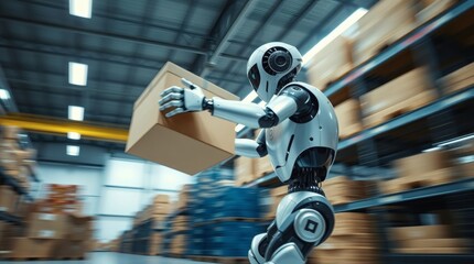 Fototapeta premium Concept a futuristic robot,in a high-tech warehouse ,ai robot box delivery.