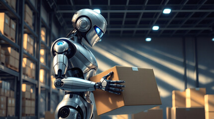 Fototapeta premium Concept a futuristic robot,in a high-tech warehouse ,ai robot box delivery.