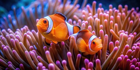 Two clown fish swimming together in an anemone