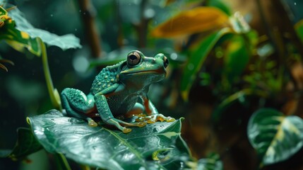 Fototapeta premium A striking green frog rests on glossy leaves in a dense tropical rainforest under sunlight, highlighting the intricate details of its skin and the surrounding vegetation.