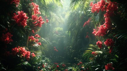 Obraz premium Lush Tropical Pathway with Pink Flowers