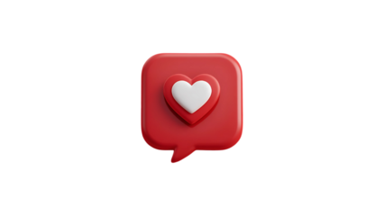A vibrant red speech bubble embraces a tender white heart, symbolizing heartfelt connection and online love, rendered in smooth 3D style.