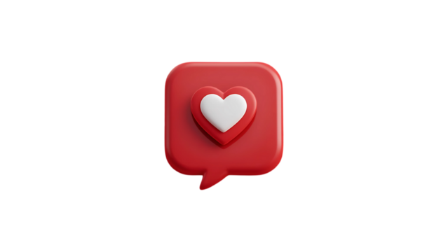A vibrant red speech bubble embraces a tender white heart, symbolizing heartfelt connection and online love, rendered in smooth 3D style.