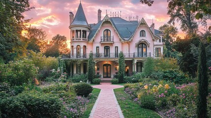 Naklejka premium Charming Victorian Mansion Surrounded by Vibrant Gardens at Sunset
