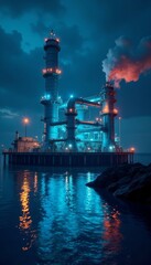 Glowing pipes & futuristic structure desalinating seawater at night , current, renewable, technology