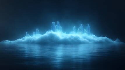 Fototapeta premium Digital Cityscape Emerging From Clouds Above Water