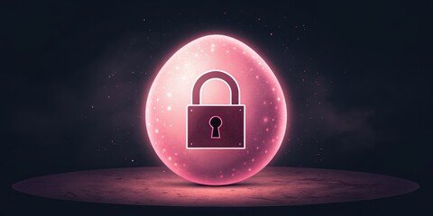 Cybersecurity in Easter day concept. A glowing pink egg with a padlock symbolizes security, protection, and safeguarding of valuable information or secrets.