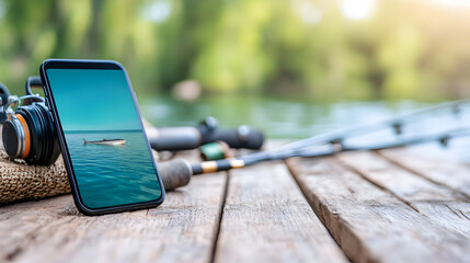 A phone with a realistic fish image on the screen among fishing gear by the water, highlighting technology in nature. Great for mobile app promotions. Selective focus