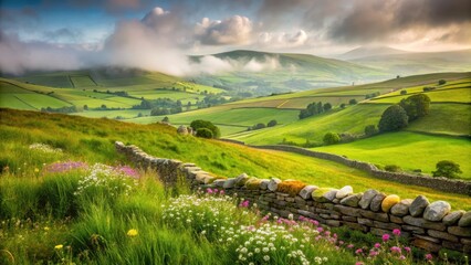Fototapeta premium Rolling hills of lush green grasses with wildflowers and a meandering stone wall, set against a backdrop of misty Irish countryside , rolling hills, rural landscape