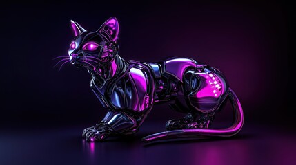 A metallic robotic cat with glowing purple eyes is displayed
