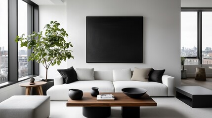 Minimalist Living Room: Modern minimalist living room showcasing a comfortable sofa, a sleek wooden coffee table adorned with decor, and a large framed artwork.