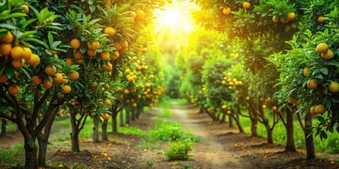 Sunlight filtering through lush green leaves of orange and lemon trees in a sprawling citrus grove