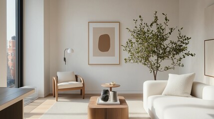 Fototapeta premium Serene Interior: An elegantly designed living space, exuding a sense of tranquility with neutral tones, modern furnishings, and natural light.