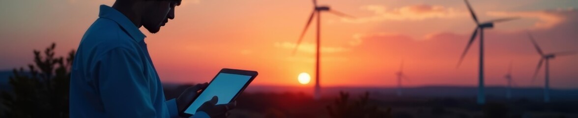Technician examines tablet; wind turbines at sunset , evening, work, silhouette