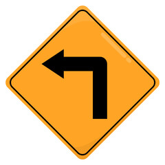 Yellow Road and Traffic Sign. Sharp Left Turn Road Sign