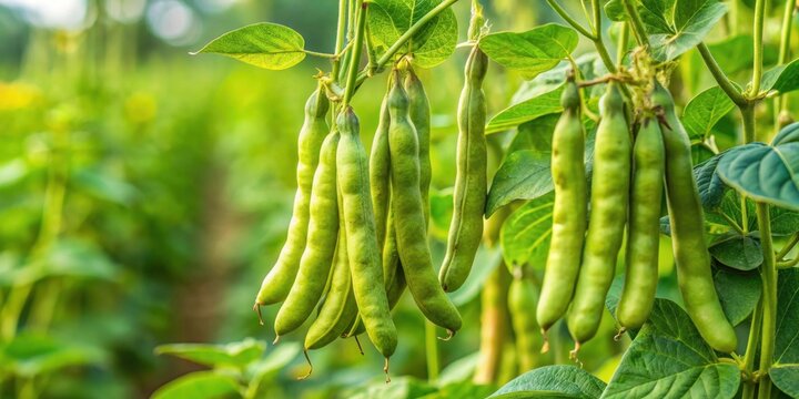 A cluster bean plant with mature pods hanging from a stem amidst a sea of similar plants in a green field with Cyamopsis tetragonoloba , nature, legumes