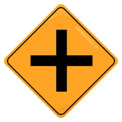 Yellow Road and Traffic Sign. Cross Road Ahead Road Sign