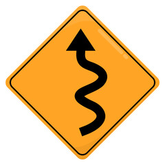 Yellow Road and Traffic Sign. Curvy Road Sign