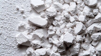 Close-up View of White Kaolin Clay Fragments and Powder