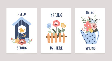 Collection of vibrant spring cards designed to celebrate the season. Each card features delightful floral illustrations with charming birdhouse, a picket fence and flowers, a watering can filled with 