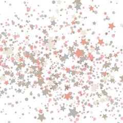 Stars grey glitter confetti isolated on blurred abstract white background. Festive holiday background. Celebration concept. Falling magic gold particles. Invitation mock up. Top view, flat lay.