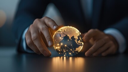 A hand interacts with a hologram displaying a global network and financial data, illustrating advanced technology in business