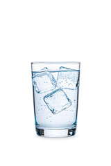 Sparkling water with ice cubes in a glass isolated on white