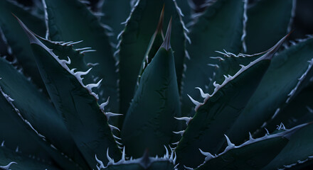 Dark green agave plant leaves with sharp spikes and thorns in moody lighting. Close up macro shot of succulent plant showing natural patterns and textures for botanical design