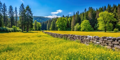 Naklejka premium Stone wall with yellow wildflowers in a lush meadow, surrounded by tall trees and a clear blue sky