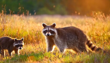Obraz premium Rustling Through the Forest Playful Raccoons Dart Across a Grassland Backdrop as Sunlight Filters Through Aspens, Contrasting against the Rich Textures of Autumn Leaves and Shadowy Underbrush.