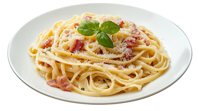 Plate of pasta carbonara with creamy sauce, pancetta, and parmesan, Italian food delight, isolated on a white background
