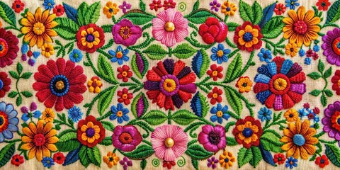 Vibrant Floral Pattern with Traditional Embroidery Decoration , floral design, handmade craftsmanship