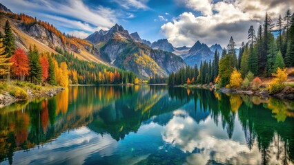 Fototapeta premium Serene Alpine Lake with Fall Foliage in North Cascades National Park, outdoor adventure, natural beauty