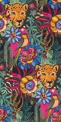 Vector seamless pattern with tropical plants and flowers, wild animals and birds