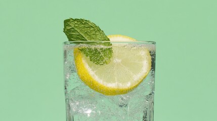 A crystal-clear glass of sparkling water with lemon slices, mint leaves, and ice cubes, set against a bright summer background